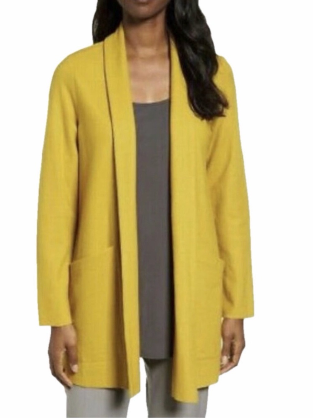 EILEEN FISHER Boiled Wool Shawl Collar Long Jacket Blazer Mustard - Picture 2 of 9